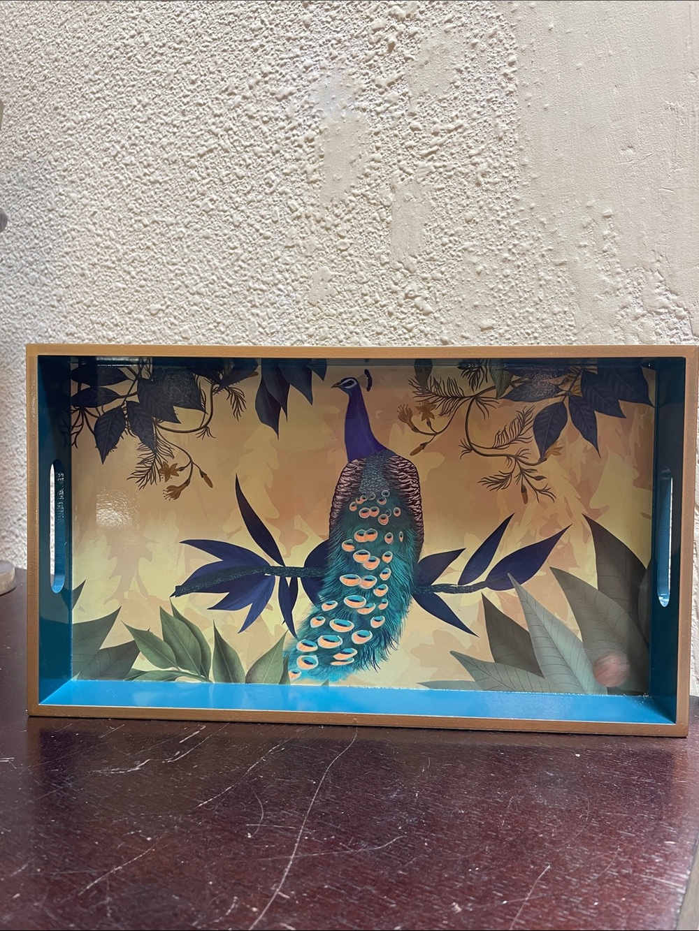 Decorative Peacock Serving Tray in Teal and Gold